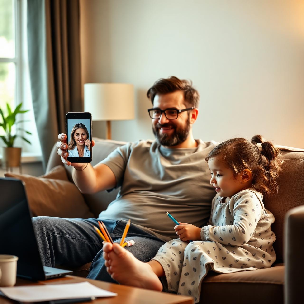 A parent smiling at a video call with a doctor from home